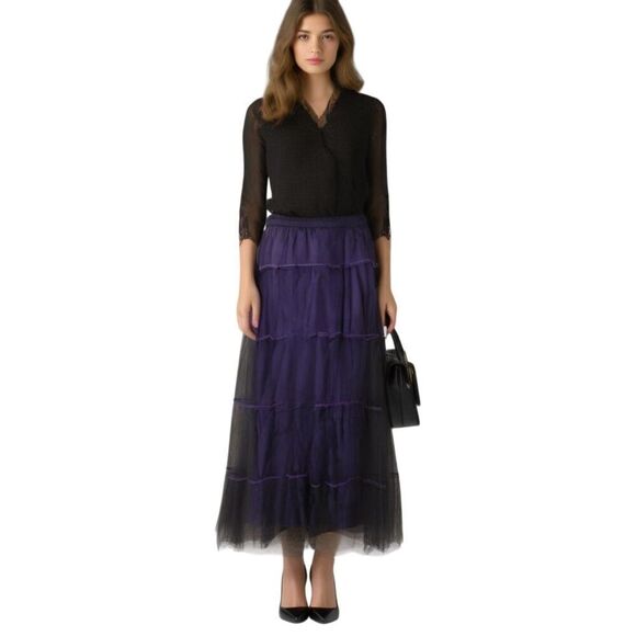 Sterling Styles Purple and Black Mesh Overlay Midi Tiered Prairie Skirt - Picture 1 of 7